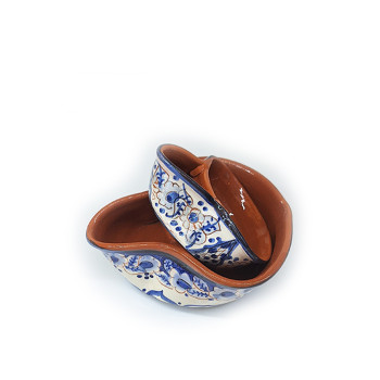 Olive dish-blue and white flowers