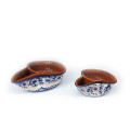 Olive dish-blue and white flowers