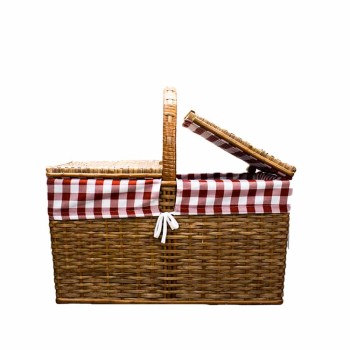 Wicker picnic basket with red chess lining